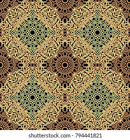 Seamless Ethnic Pattern with Mandalas. Arabesque Rapport for Print, Calico, Chintz, Wallpaper. Damask Motif in Vintage Style. Seamless Texture for Ethnic Design.