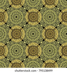 Seamless Ethnic Pattern with Mandalas. Arabesque Rapport for Print, Calico, Chintz, Wallpaper. Damask Motif in Vintage Style. Seamless Texture for Ethnic Design.
