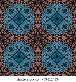 Seamless Ethnic Pattern with Mandalas. Arabesque Rapport for Print, Calico, Chintz, Wallpaper. Damask Motif in Vintage Style. Seamless Texture for Ethnic Design.