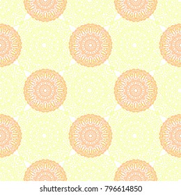 Seamless Ethnic Pattern with Mandalas. Arabesque Rapport for Print, Calico, Chintz, Wallpaper. Damask Motif in Vintage Style. Seamless Texture for Ethnic Design.