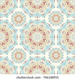 Seamless ethnic pattern with mangalas. Vector, indian. For fabric, web-sites and paper. Boho chic design. Summer fashion. For wallpaper, pattern fills, coloring books and pages for kids and adults.