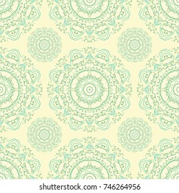 Seamless ethnic pattern with mangalas. Vector, indian. For fabric, web-sites and paper. Boho chic design. Summer fashion. For wallpaper, pattern fills, coloring books and pages for kids and adults.