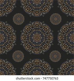 Seamless ethnic pattern with mangalas. Vector, indian. For fabric, web-sites and paper. Boho chic design. Summer fashion. For wallpaper, pattern fills, coloring books and pages for kids and adults.