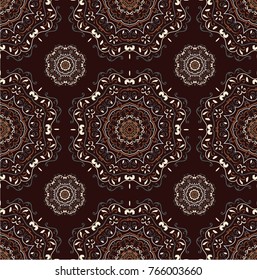 Seamless ethnic pattern with mangalas. Vector, indian. For fabric, web-sites and paper. Boho chic design. Summer fashion. For wallpaper, pattern fills, coloring books and pages for kids and adults.
