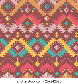 Seamless Ethnic Pattern in Marsala Colors Palette. Stylish Vector Chevron Background. Contrast Ornaments with Triangles, Rhombus and Squares
