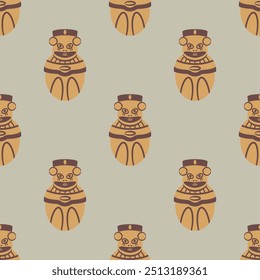 Seamless ethnic pattern with Native American motifs. Pre Columbian egg shape idol from ancient Peru. Chancay culture. Stylized human figurine. Indigenous symbol. On light background.