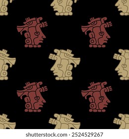 Seamless ethnic pattern with Native American design of Mayan Indians. Stylized human heads on black background.