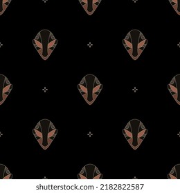 Seamless Ethnic Pattern With Neolithic Human Masks From Serbia. Vinča Culture. On Black Background.