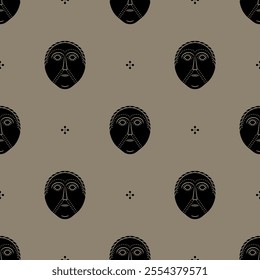 Seamless ethnic pattern with old Viking Norse or Celtic masks from ancient Dania. Stylized human faces. Monochrome silhouettes.