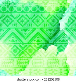 Seamless ethnic pattern on watercolor background. Vector illustration.
