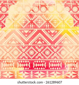 Seamless ethnic pattern on watercolor background. Vector illustration.