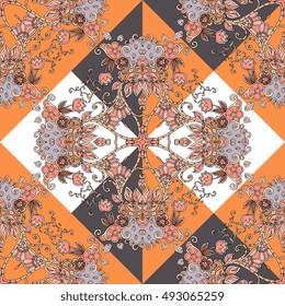 Seamless ethnic pattern in orange, brown, white, black and grey colors with hearts and flowers. Patchwork. Vector illustration. Bandana print.