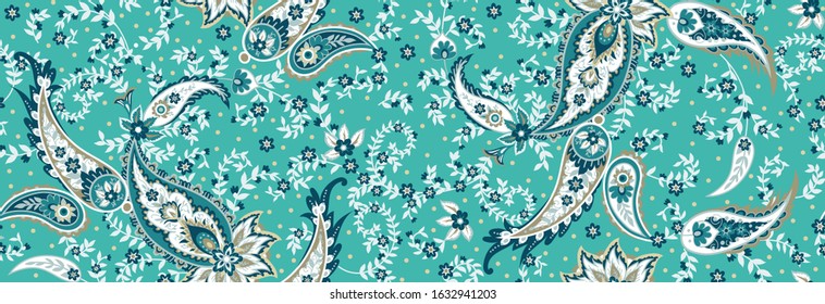 Seamless ethnic pattern of paisley and  decorative floral branches. Indian motif. Vector background