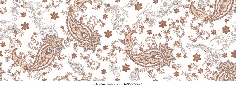 Seamless ethnic pattern of paisley and  decorative floral branches. Indian motif. Vector background