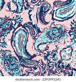 Seamless ethnic pattern of paisley and decorative floral branches. Indian motif. Vector background