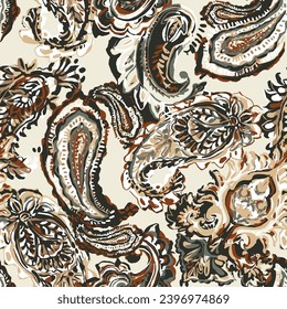 Seamless ethnic pattern of paisley and decorative floral branches. Indian motif. Vector background