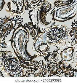 Seamless ethnic pattern of paisley and decorative floral branches. Indian motif. Vector background