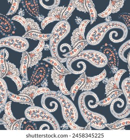 Seamless ethnic pattern of paisley and decorative floral branches. Indian motif. Vector background