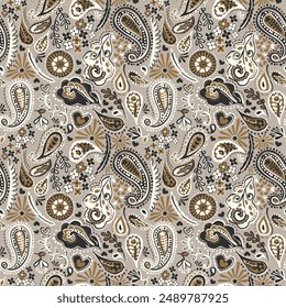 Seamless ethnic pattern of paisley and decorative floral branches. Indian motif. Vector background