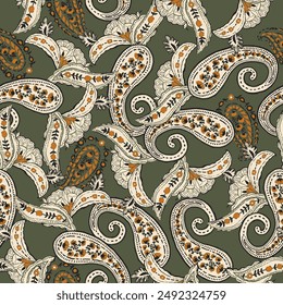 Seamless ethnic pattern of paisley and decorative floral branches. Indian motif. Vector background