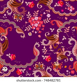 Seamless ethnic pattern with paisley, fantasy birds and flowers in vector. Space for text. Packaging design.