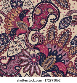 Seamless ethnic pattern. Paisley floral wallpaper. Beautiful floral batik. Design for wrapping paper, gift paper, cover, web, fabric.