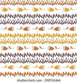 Seamless ethnic pattern. Petroglyphs. Image of  flowers. Vector illustration. Sienna color.