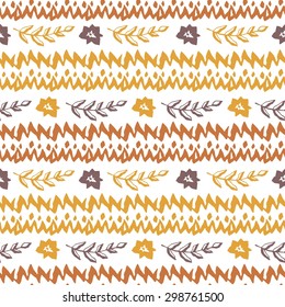 Seamless ethnic pattern. Petroglyphs. Image of  flowers and leaves. Vector illustration. Sienna color.