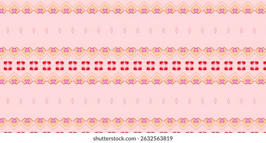 Seamless ethnic pattern in pink hues, featuring heart and diamond shapes in red, pink, and yellow.