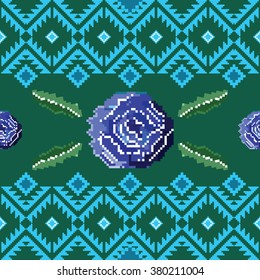 Seamless ethnic pattern with pixel roses. Ethnic elements with pixel rose flowers pattern. 
