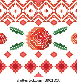 Seamless ethnic pattern with pixel roses. Ethnic elements with pixel rose flowers pattern. 