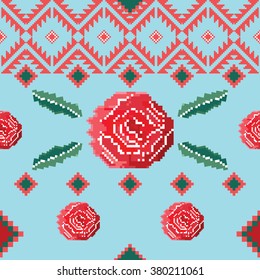 Seamless ethnic pattern with pixel roses. Ethnic elements with pixel rose flowers pattern. 