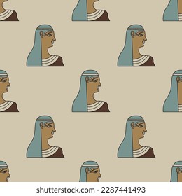 Seamless ethnic pattern with portraits of ancient Egyptian women. On white background.