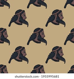 Seamless ethnic pattern with portraits of a bearded ancient Greek or Assyrian man. 
