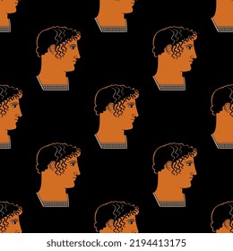 Seamless ethnic pattern with portraits of handsome ancient Greek youth. Antique hero. Vase painting style. Orange heads black background.