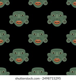 Seamless ethnic pattern with Pre-Columbian Native American jade masks of Maya Indians. Indigenous art. Green human heads with red lips on black background.
