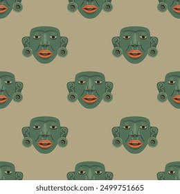 Seamless ethnic pattern with Pre-Columbian Native American jade masks of Maya Indians. Indigenous art. Green human heads with red lips on light background.