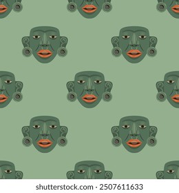 Seamless ethnic pattern with Pre-Columbian Native American jade masks of Maya Indians. Indigenous art. Green human heads with red lips on green background.