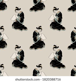 Seamless ethnic pattern with reading Japanese women. Traditional style.