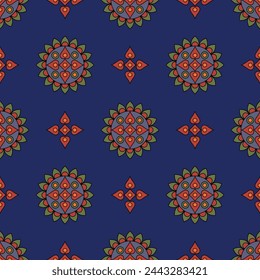 Seamless ethnic pattern with round floral geometrical mandalas and cross shapes. On blue background.