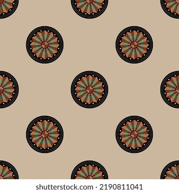 Seamless ethnic pattern pattern with round geometrical mandalas. Ancient Egyptian Coptic design. On beige background.