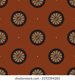 Seamless ethnic pattern pattern with round geometrical mandalas. Ancient Egyptian Coptic design. On red background.