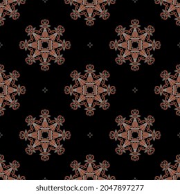 Seamless ethnic pattern with round mandalas of female figurines of a goddess. Pottery folk design of Great Mother.
