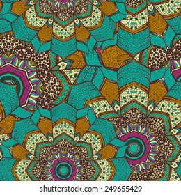 Seamless ethnic pattern of round ornaments. Mandala design. Can be used to print on fabric, paper, wallpaper and so on.