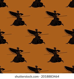 Seamless ethnic pattern with running ancient Greek warrior women with shields and spears. Goddess Athena or Amazon. Black silhouettes on orange background. Vase painting style.