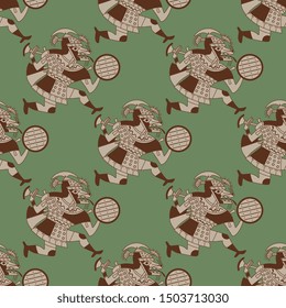 Seamless ethnic pattern with running animal warriors. Tribal motif of Mochica Indians from ancient Peru.