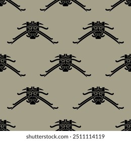Seamless ethnic pattern with Scandinavian god Loki. Norse Viking design from Sigtuna, Sweden. Monochrome black silhouettes on gray background.