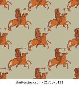 Seamless ethnic pattern with Scythian amazon women riding horses. Ancient Greek vase painting style. On light background.