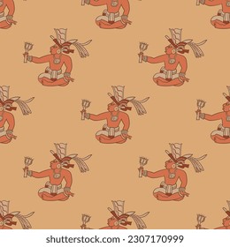 Seamless ethnic pattern with seated ancient Mayan men. Indigenous Native American art. On black background.