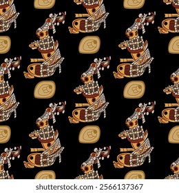 Seamless ethnic pattern with seated Mayan men. On black background.